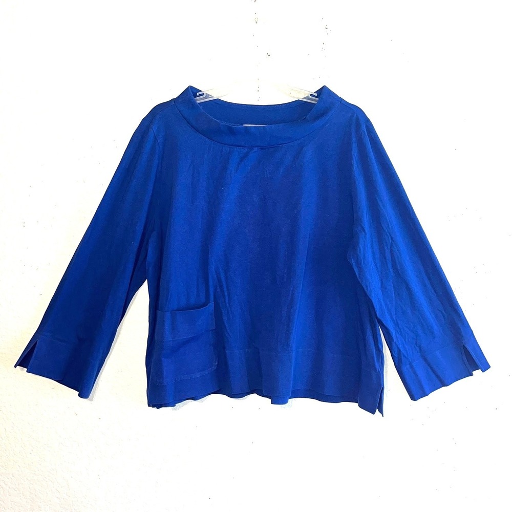 Habitat Royal Blue 100% Cotton Wide Mock Neck Long Sleeve Pocket Top Sz Lg 74021 - Picture 2 of 9